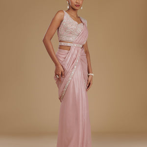 Peach Sequins Chiffon Readymade  Saree