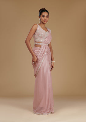 Peach Sequins Chiffon Readymade  Saree
