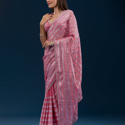 Peach Sequins Semi Crepe Saree