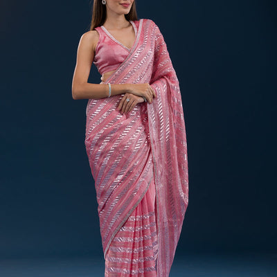 Peach Sequins Semi Crepe Saree