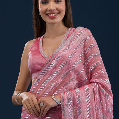 Peach Sequins Semi Crepe Saree