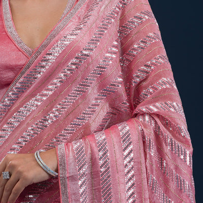 Peach Sequins Semi Crepe Saree