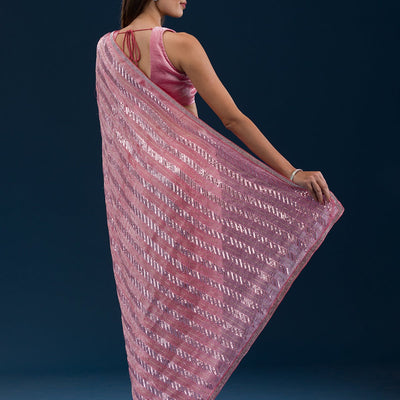 Peach Sequins Semi Crepe Saree