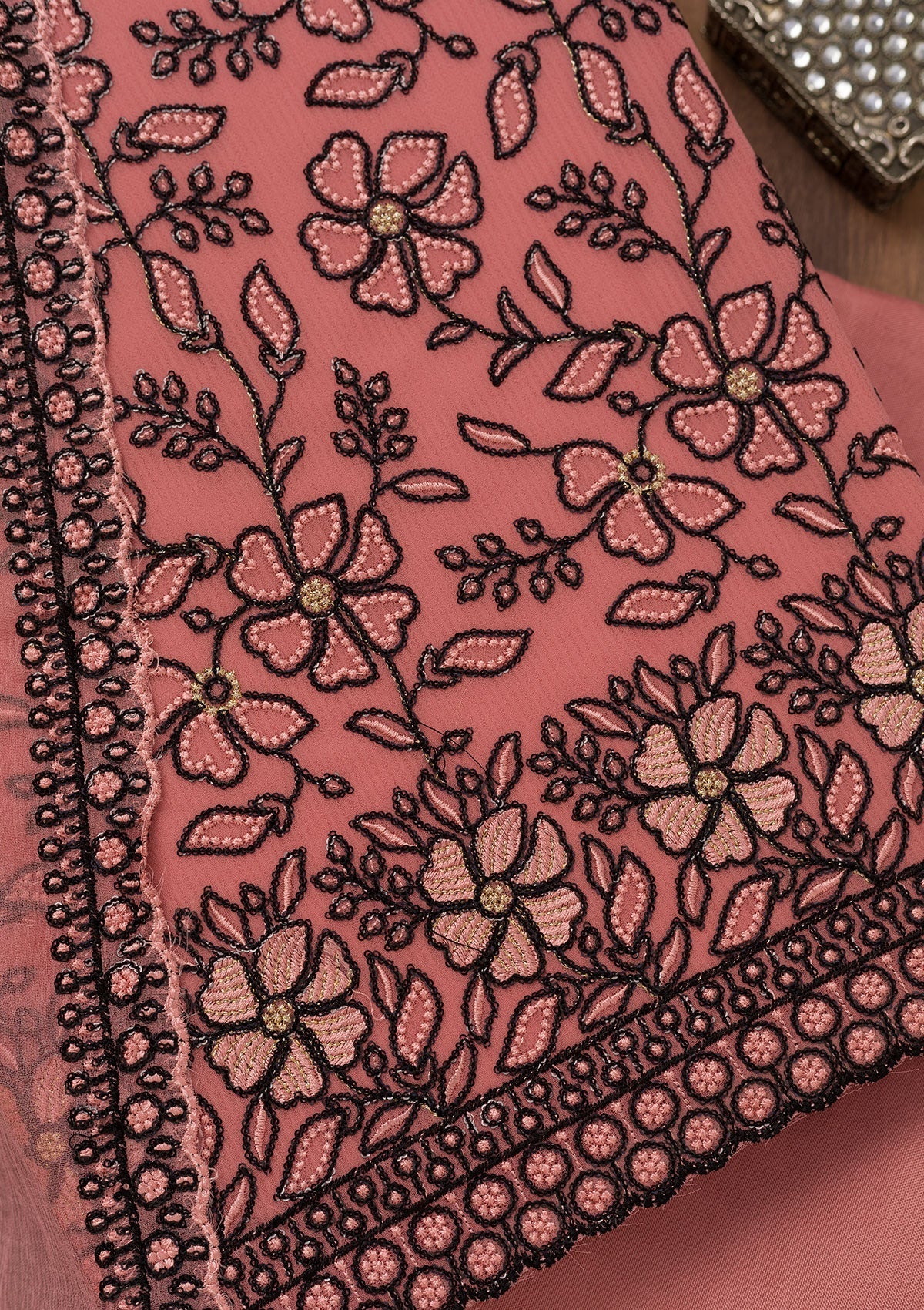 Peach Threadwork Georgette Unstitched Salwar Suit
