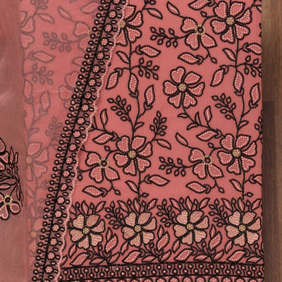 Peach Threadwork Georgette Unstitched Salwar Suit