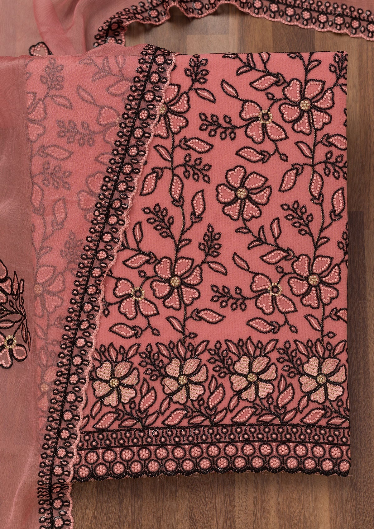 Peach Threadwork Georgette Unstitched Salwar Suit