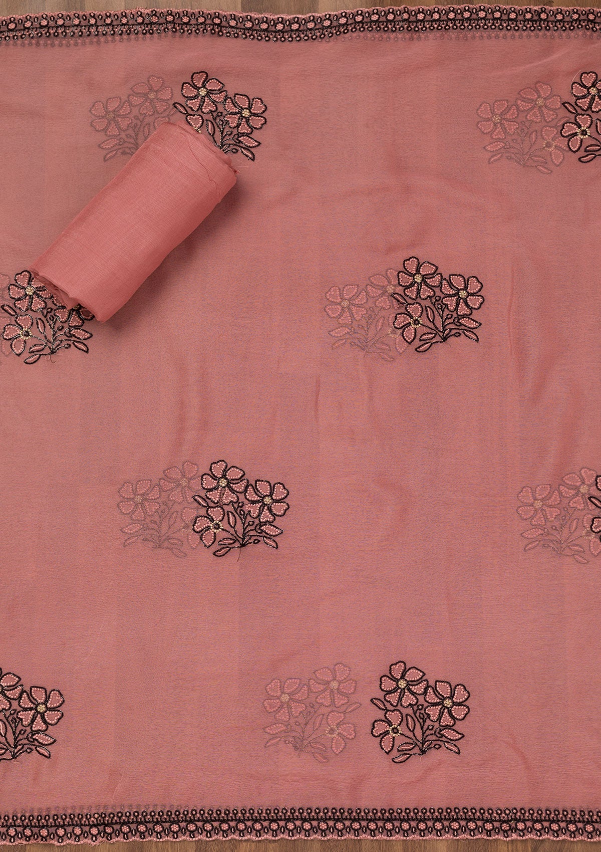 Peach Threadwork Georgette Unstitched Salwar Suit