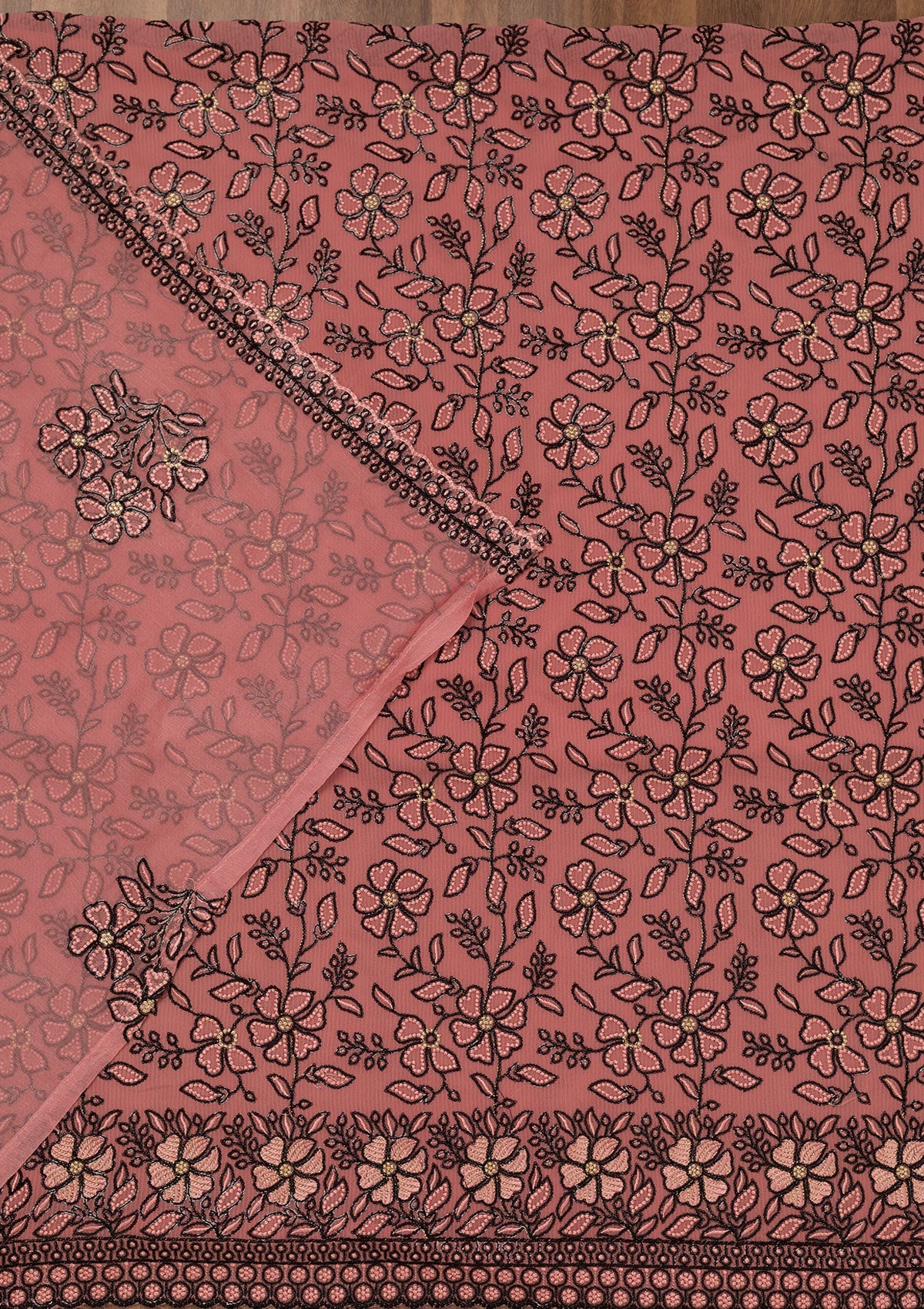 Peach Threadwork Georgette Unstitched Salwar Suit
