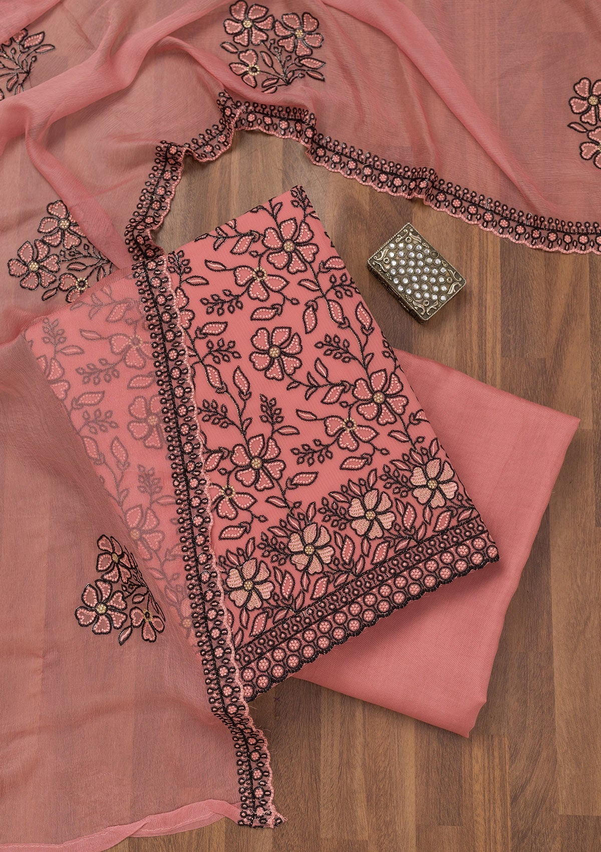 Peach Threadwork Georgette Unstitched Salwar Suit