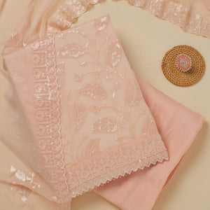 Peach Threadwork Organza Unstitched Salwar Suit