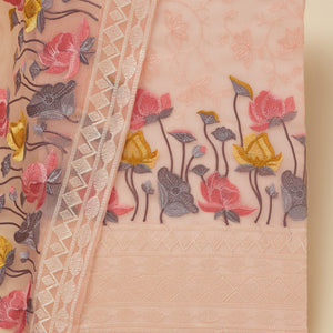Peach Threadwork Organza Unstitched Salwar Suit
