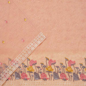 Peach Threadwork Organza Unstitched Salwar Suit
