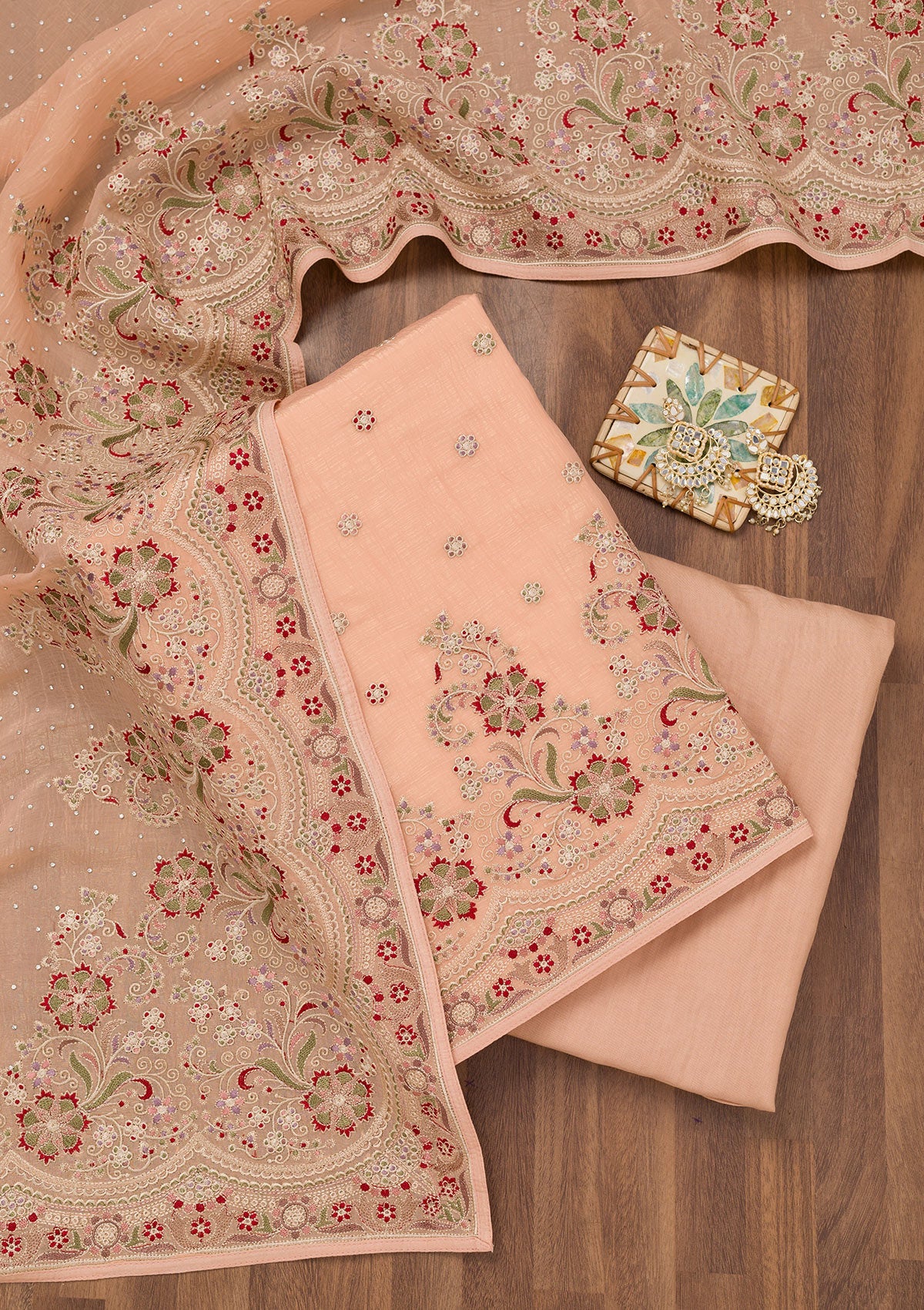 Peach Threadwork Semi Crepe Unstitched Salwar Suit