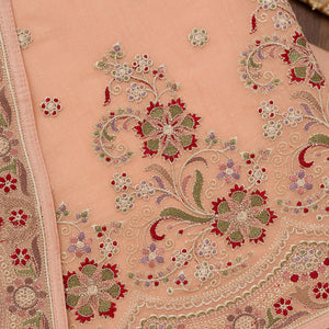 Peach Threadwork Semi Crepe Unstitched Salwar Suit