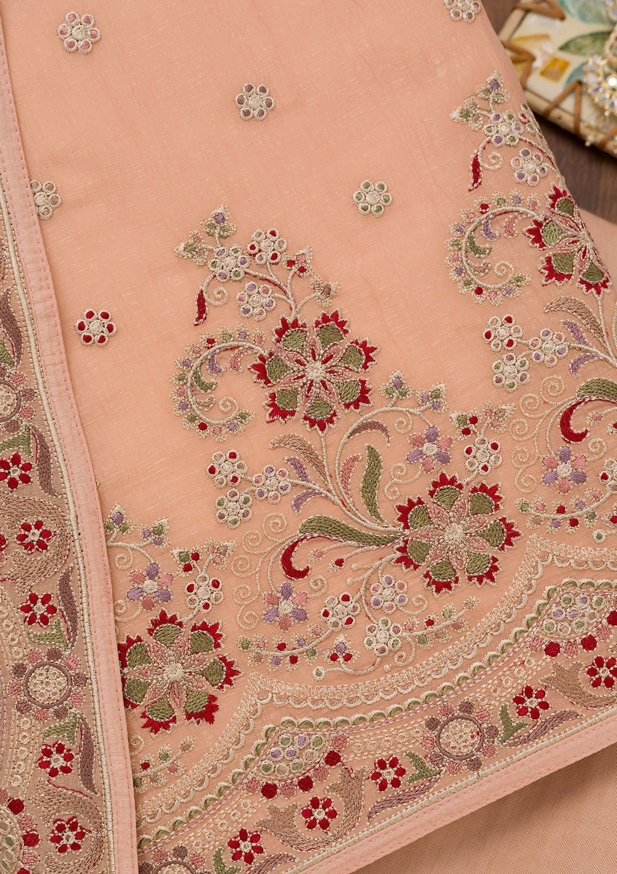 Peach Threadwork Semi Crepe Unstitched Salwar Suit