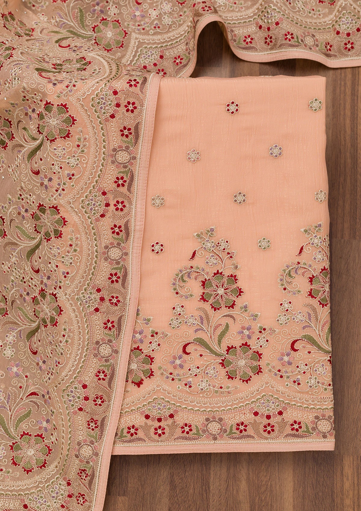 Peach Threadwork Semi Crepe Unstitched Salwar Suit