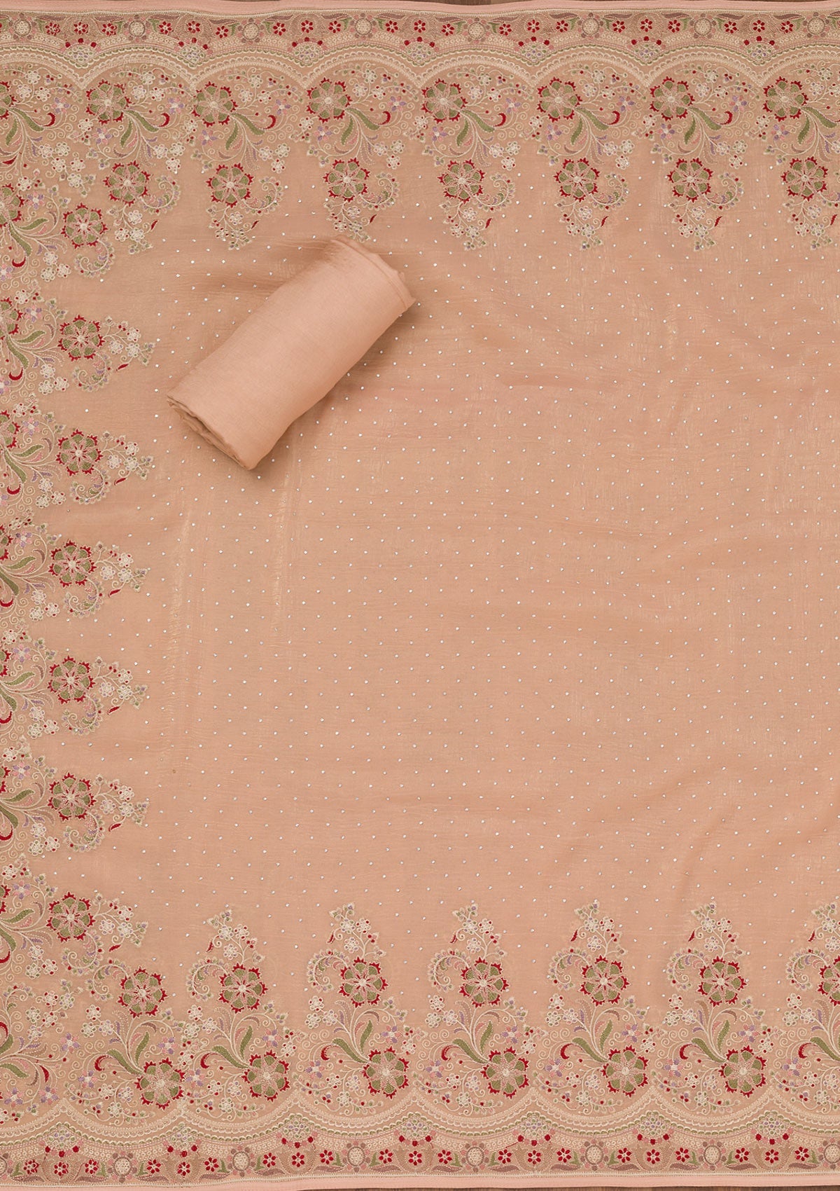 Peach Threadwork Semi Crepe Unstitched Salwar Suit