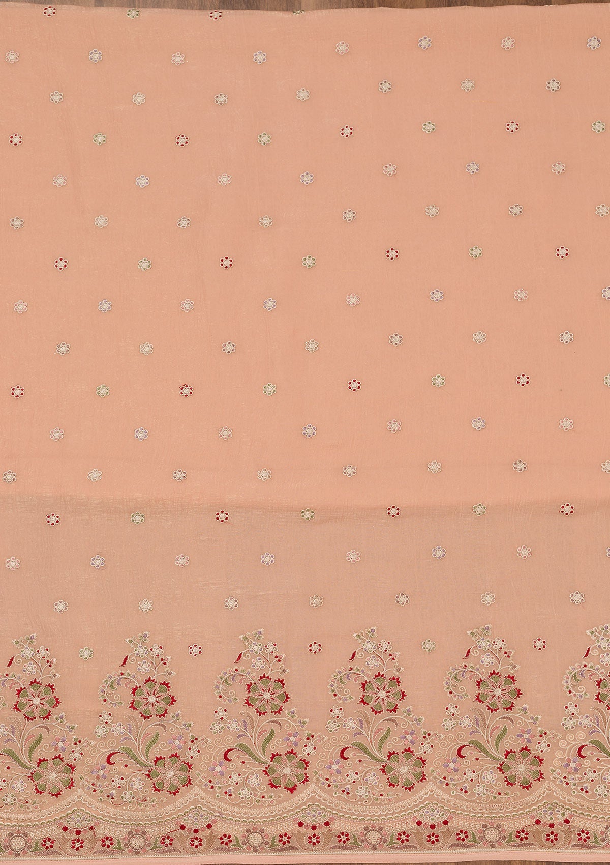 Peach Threadwork Semi Crepe Unstitched Salwar Suit