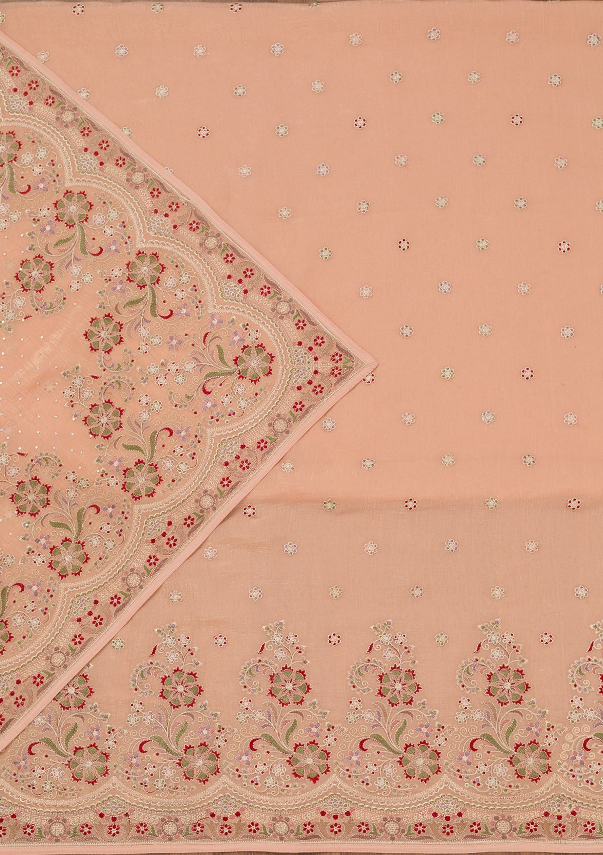 Peach Threadwork Semi Crepe Unstitched Salwar Suit