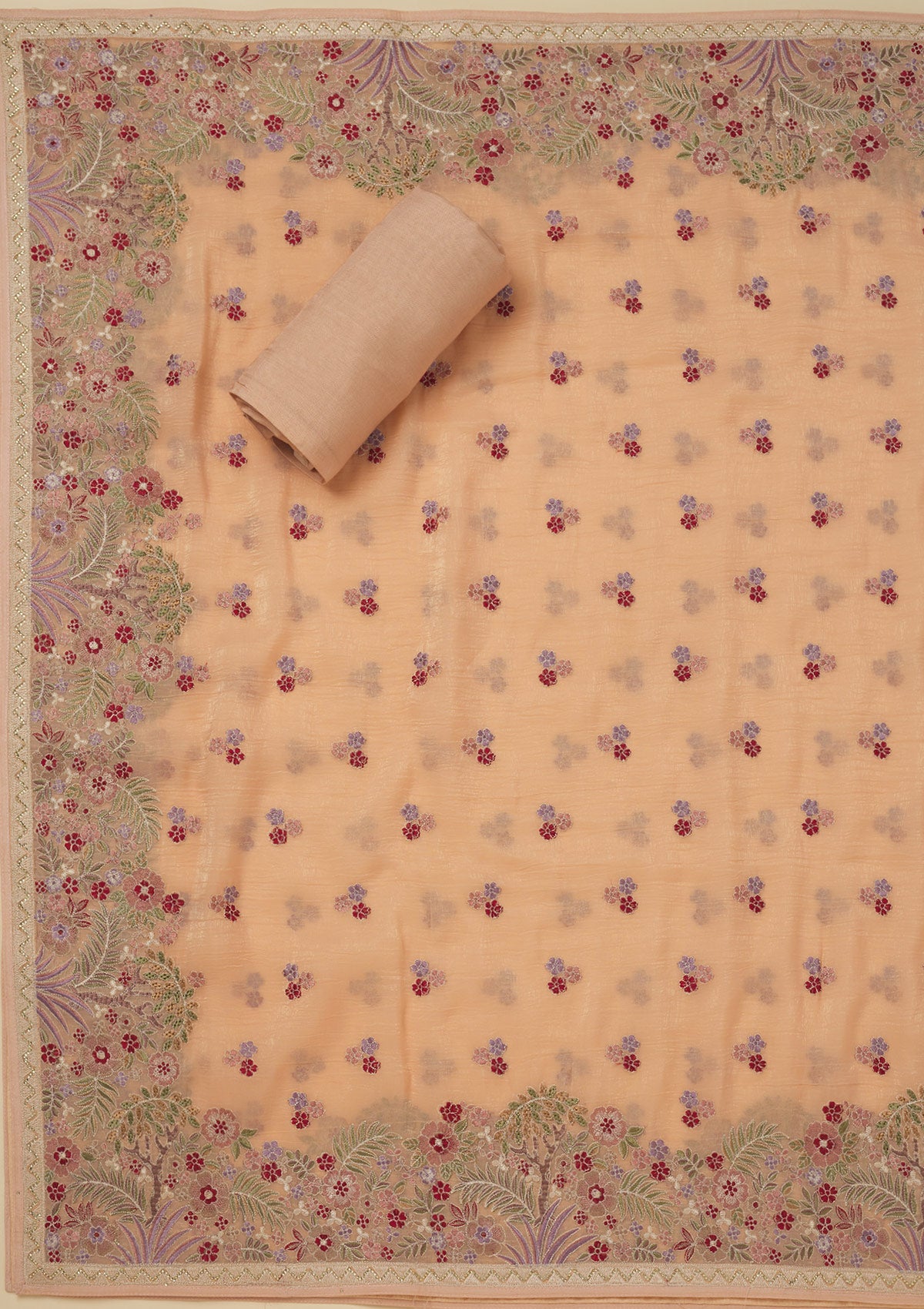Peach Threadwork Tissue Unstitched Salwar Suit