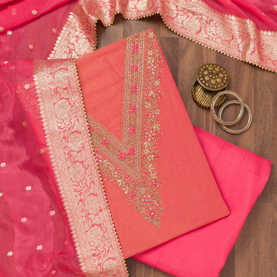 Peach Zariwork Raw Silk Unstitched Salwar Suit