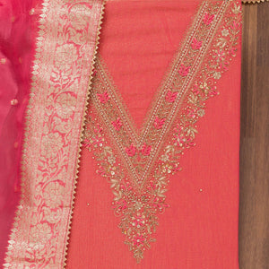 Peach Zariwork Raw Silk Unstitched Salwar Suit