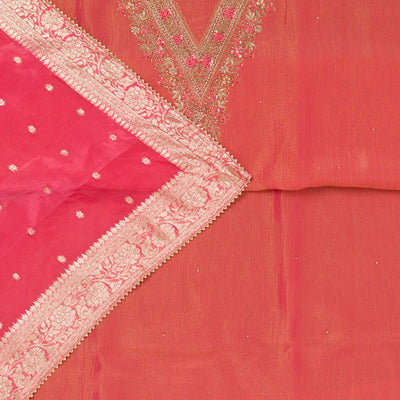 Peach Zariwork Raw Silk Unstitched Salwar Suit