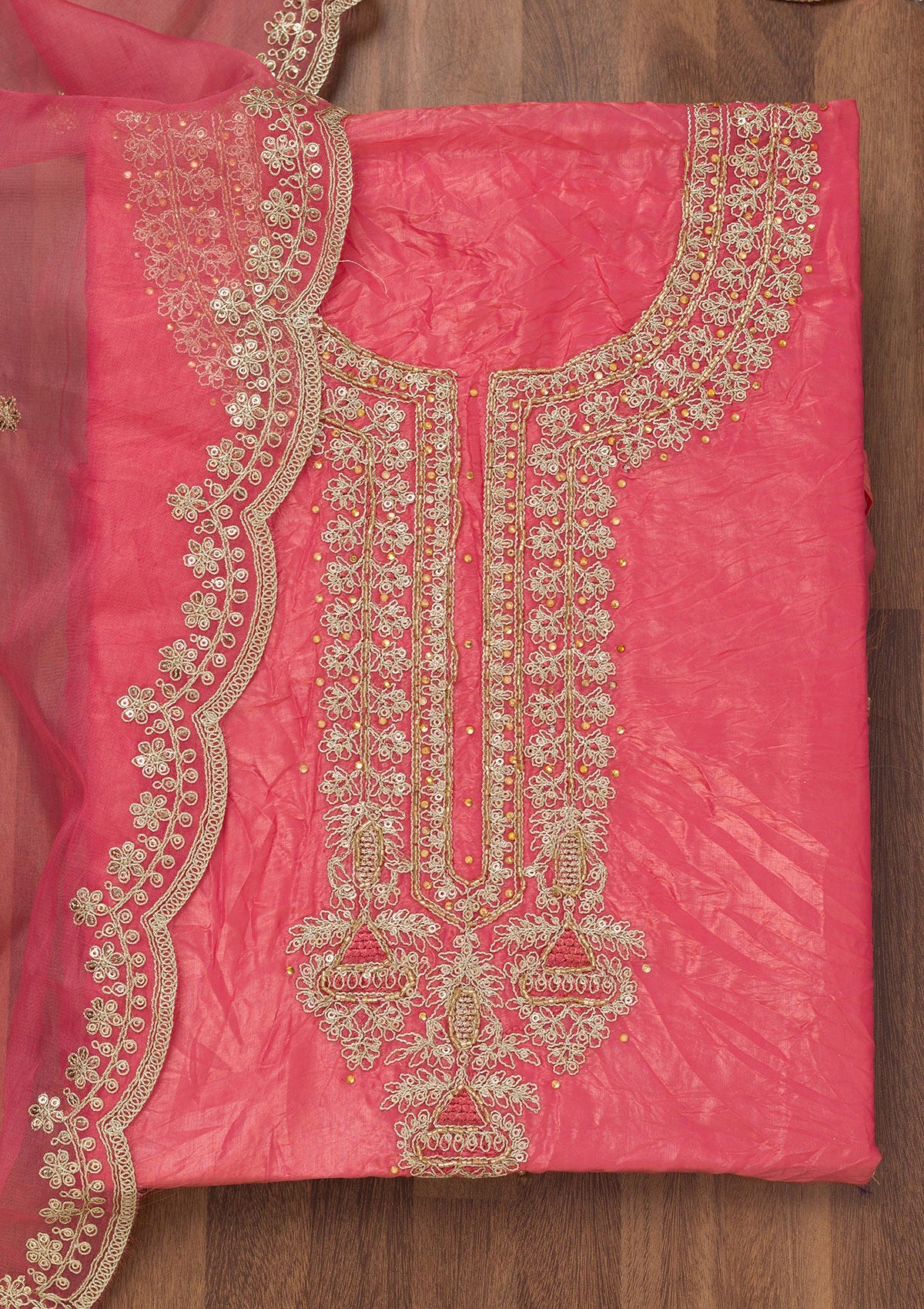 Peach Zariwork Tissue Unstitched Salwar Suit