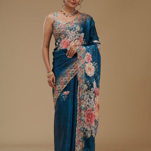 Peacock Blue Printed Tissue Saree