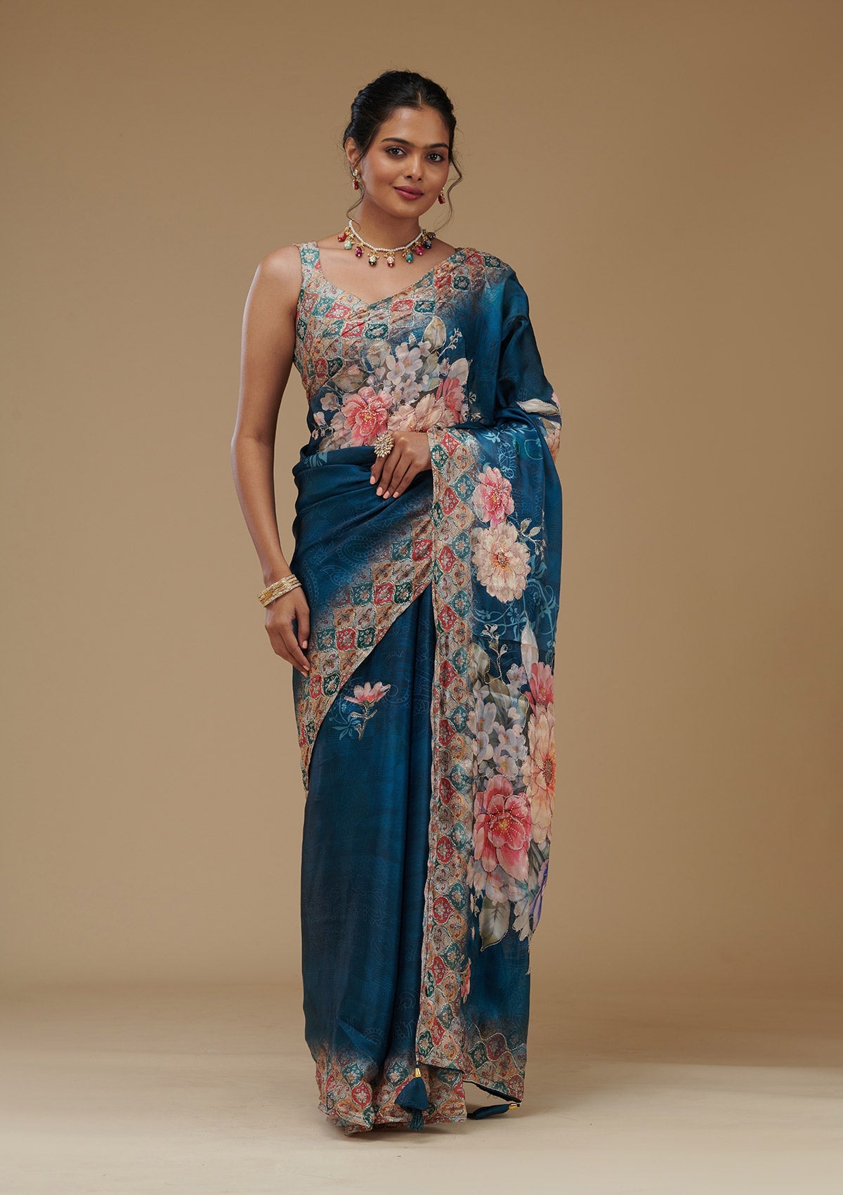 Peacock Blue Printed Tissue Saree