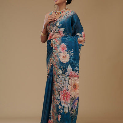 Peacock Blue Printed Tissue Saree
