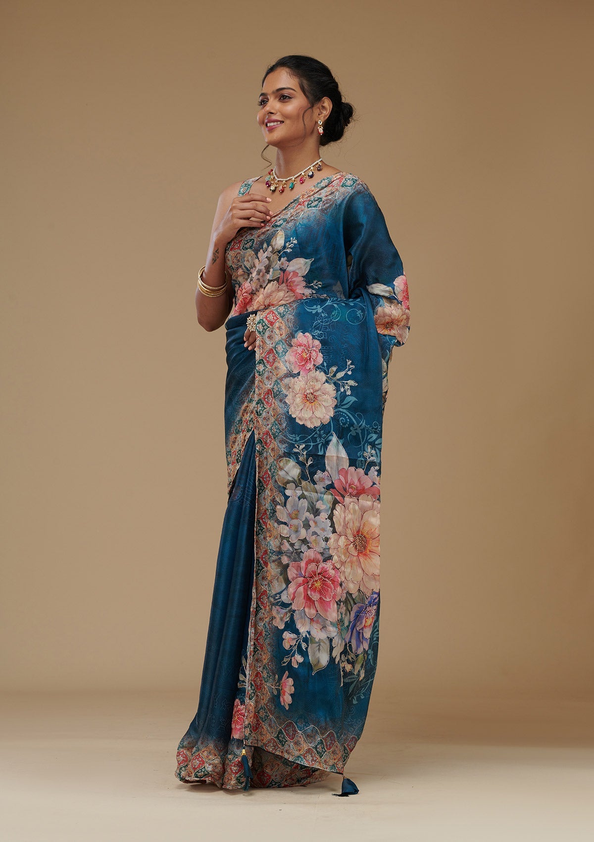 Peacock Blue Printed Tissue Saree
