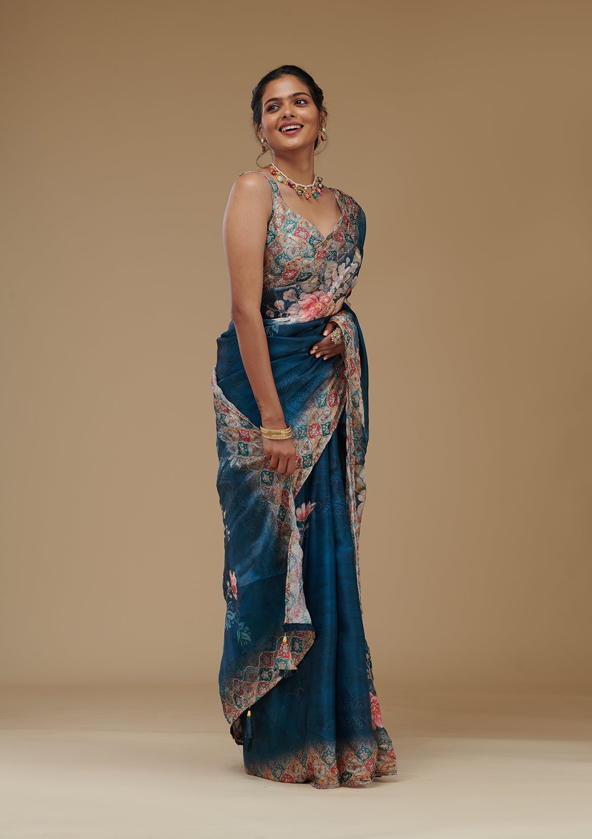 Peacock Blue Printed Tissue Saree