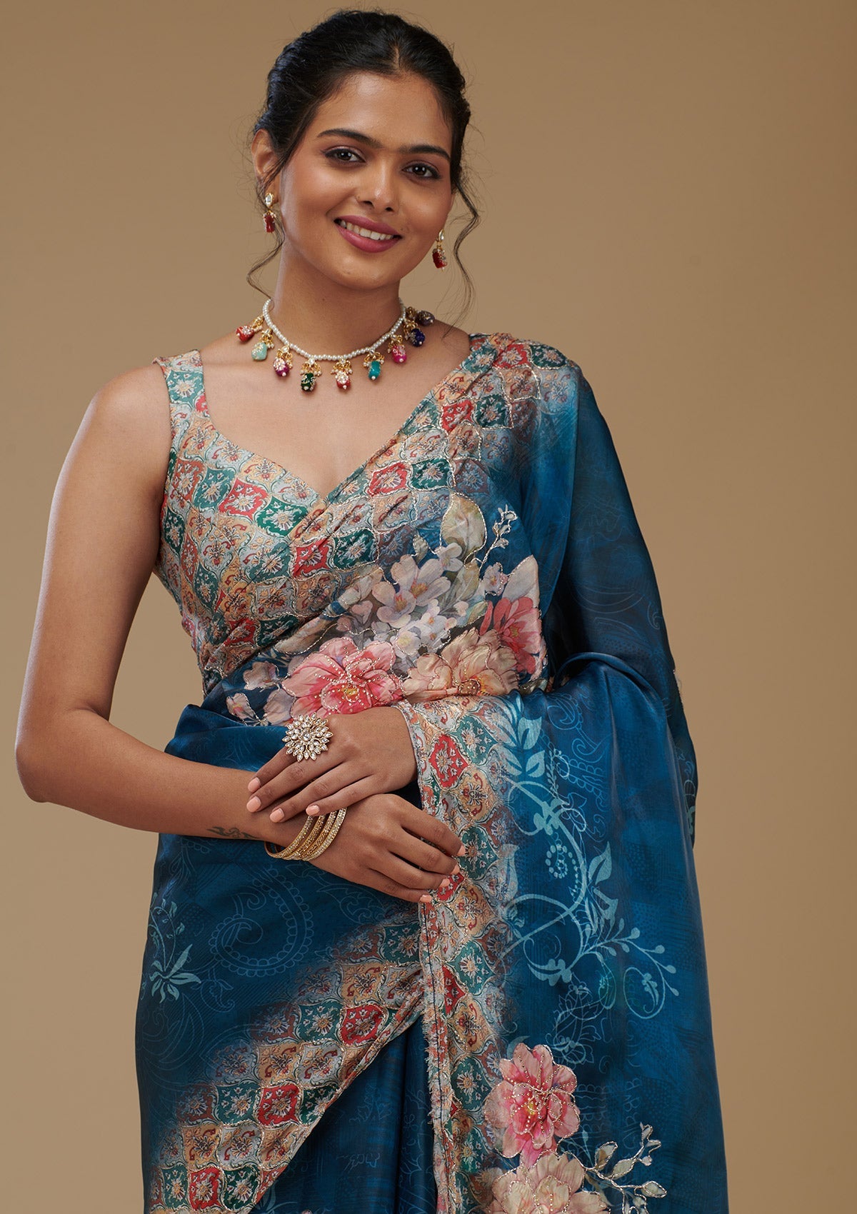 Peacock Blue Printed Tissue Saree