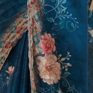 Peacock Blue Printed Tissue Saree