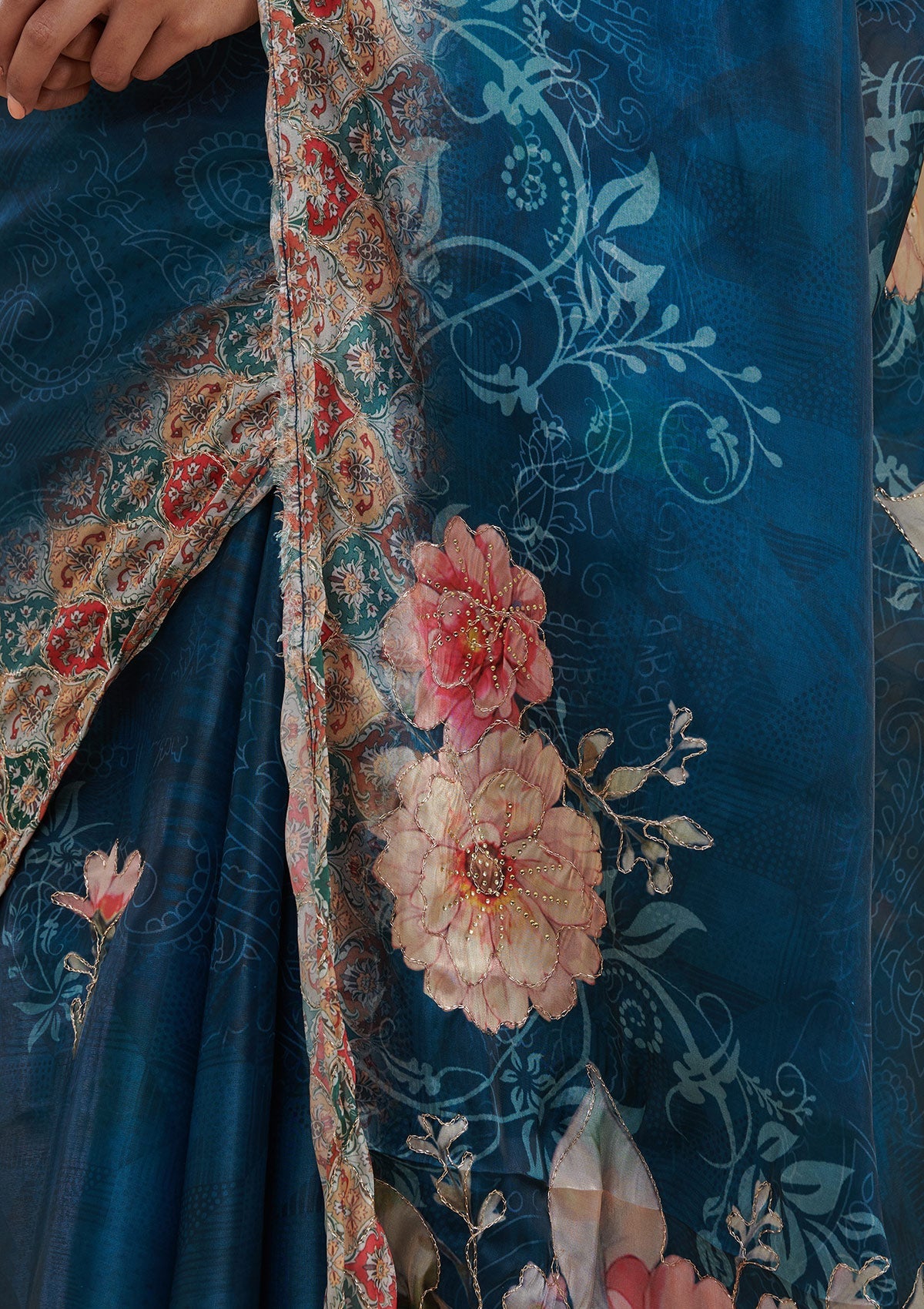 Peacock Blue Printed Tissue Saree