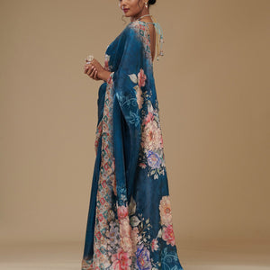 Peacock Blue Printed Tissue Saree