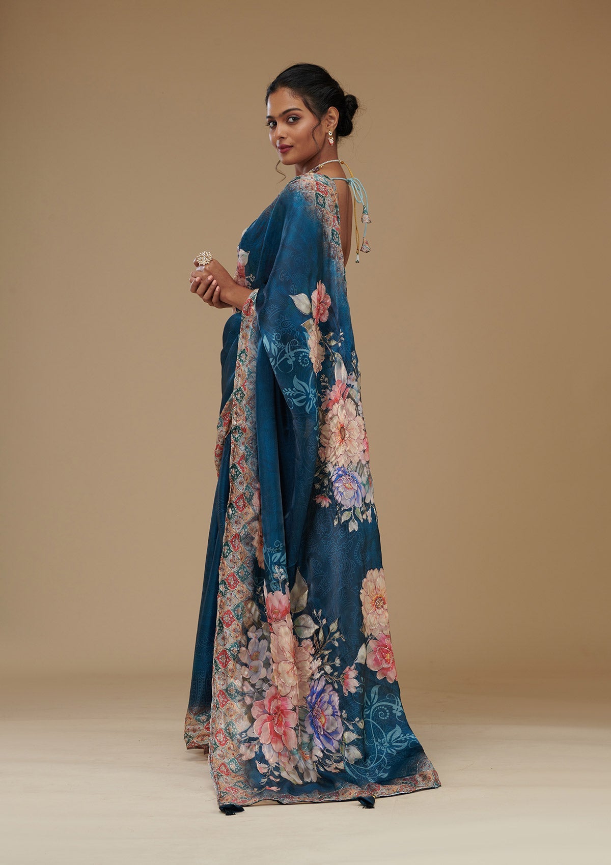 Peacock Blue Printed Tissue Saree