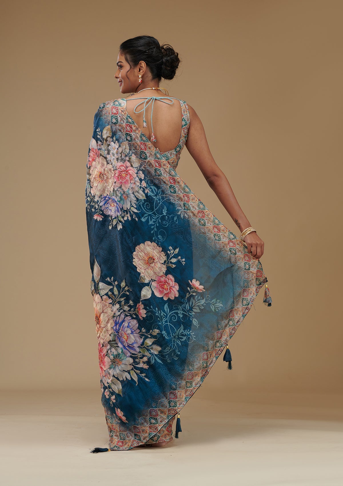 Peacock Blue Printed Tissue Saree