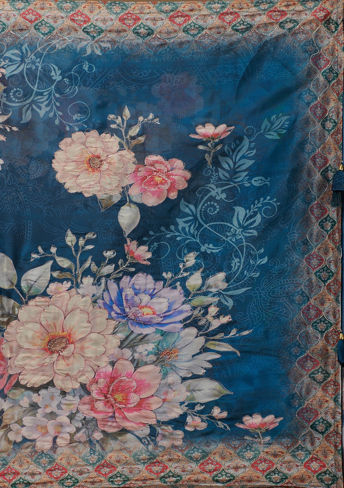 Peacock Blue Printed Tissue Saree