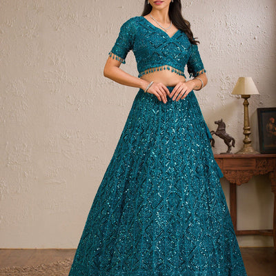 Peacock Blue Sequins Net Readymade Lehenga