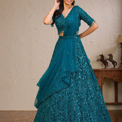 Peacock Blue Sequins Net Readymade Lehenga