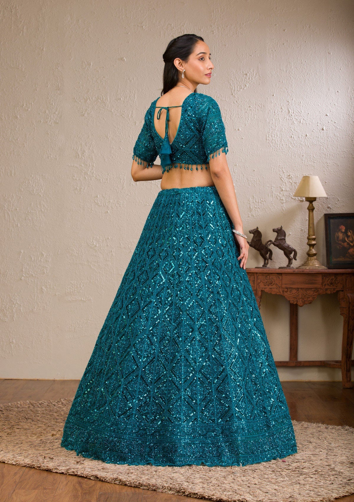 Peacock Blue Sequins Net Readymade Lehenga
