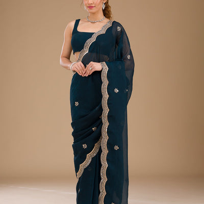 Peacock Blue Sequins Tissue Saree