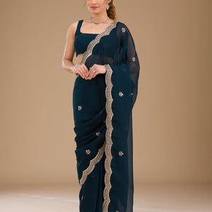 Peacock Blue Sequins Tissue Saree