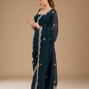 Peacock Blue Sequins Tissue Saree