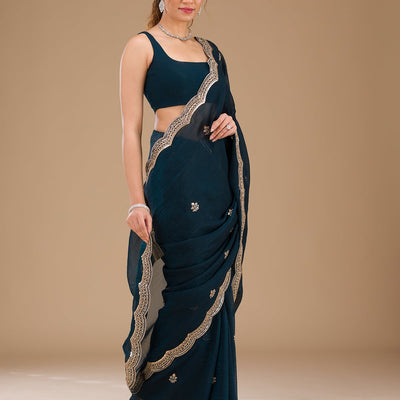 Peacock Blue Sequins Tissue Saree