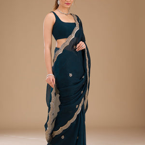 Peacock Blue Sequins Tissue Saree