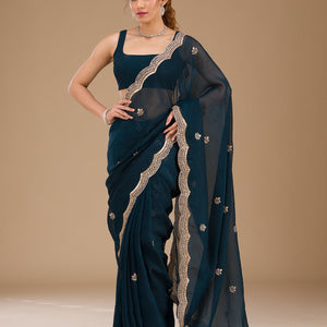 Peacock Blue Sequins Tissue Saree