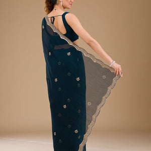 Peacock Blue Sequins Tissue Saree
